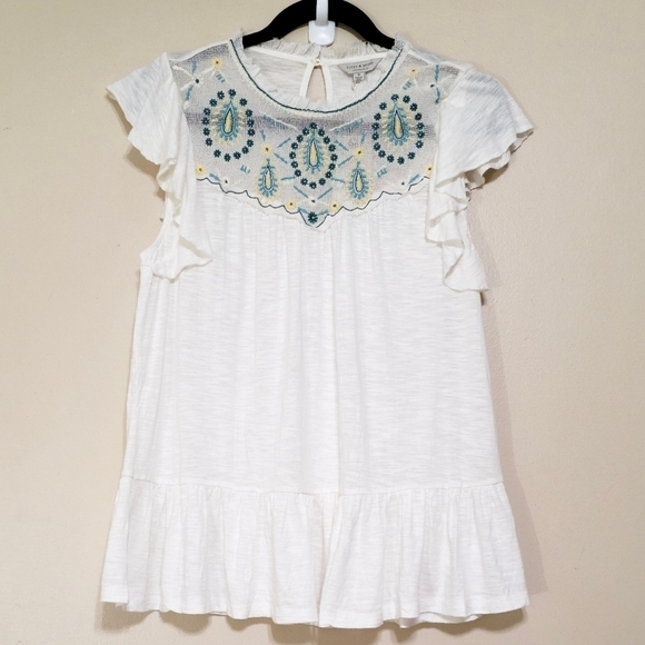 LUCKY Brand Top Womens Medium Embroidered‎ Mesh Top Ruffle Sleeves   Boho New - Picture 4 of 11